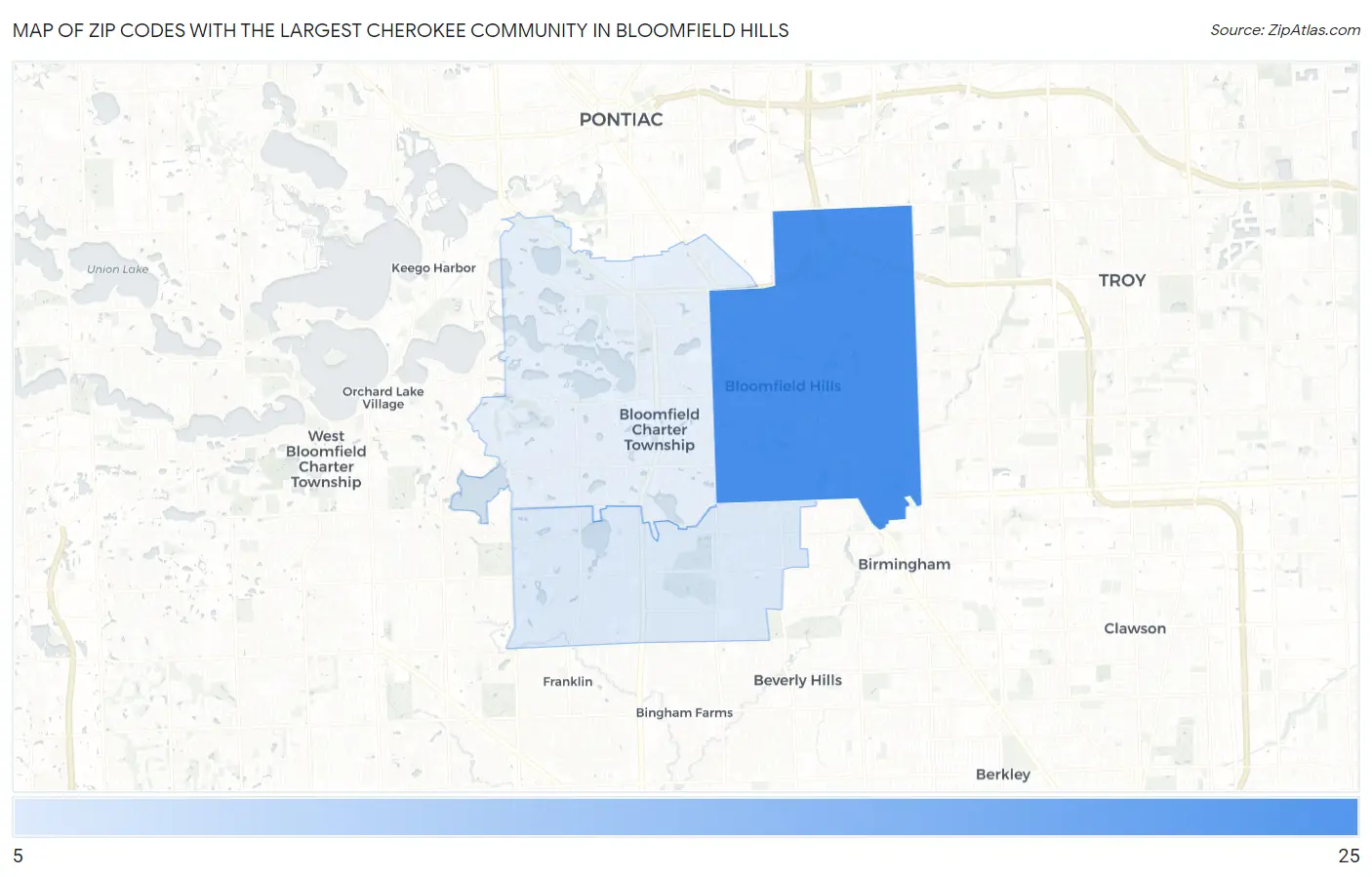 Zip Codes with the Largest Cherokee Community in Bloomfield Hills Map
