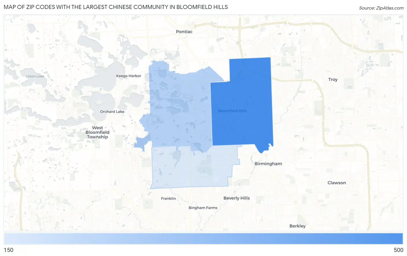 Zip Codes with the Largest Chinese Community in Bloomfield Hills Map