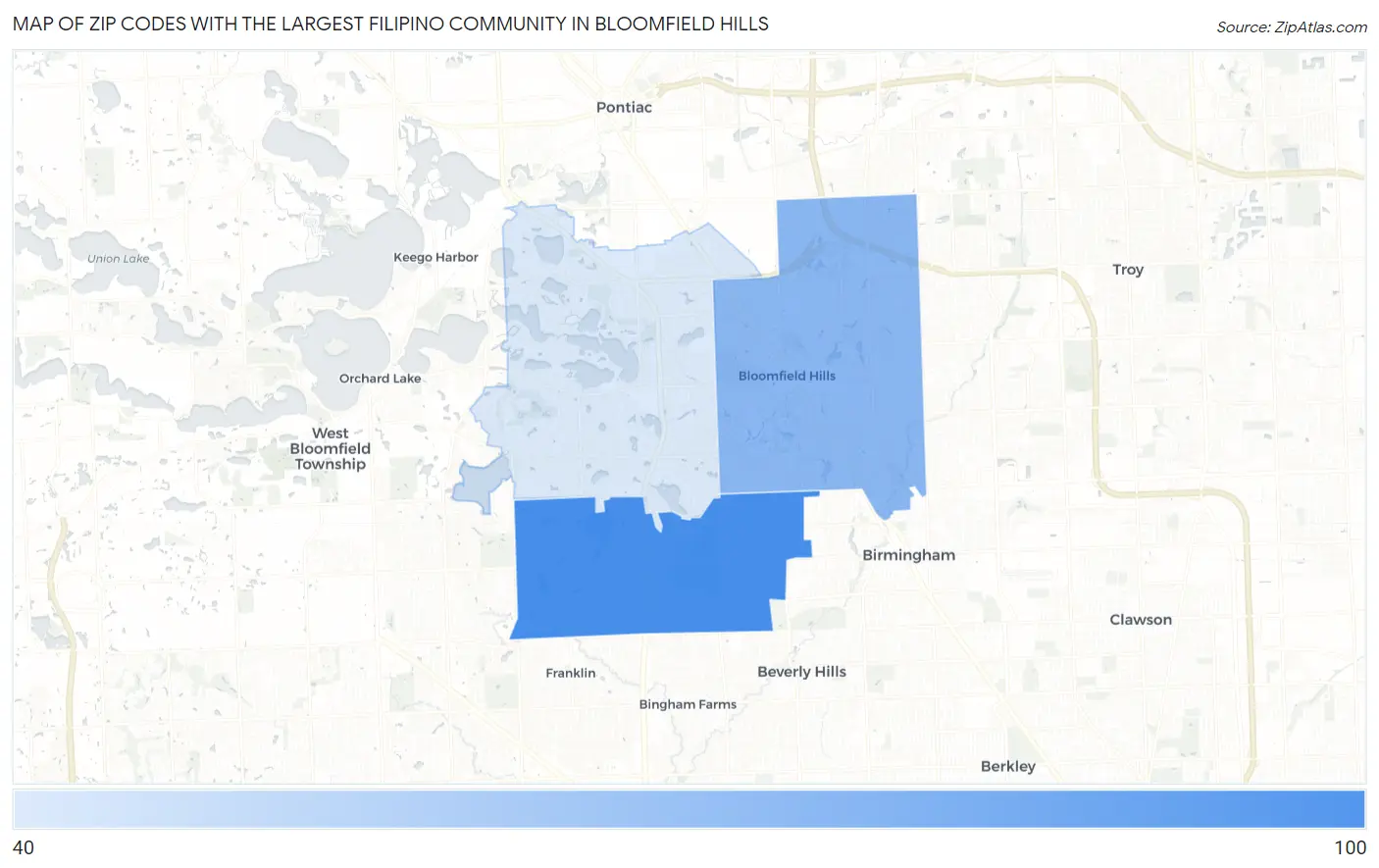 Zip Codes with the Largest Filipino Community in Bloomfield Hills Map