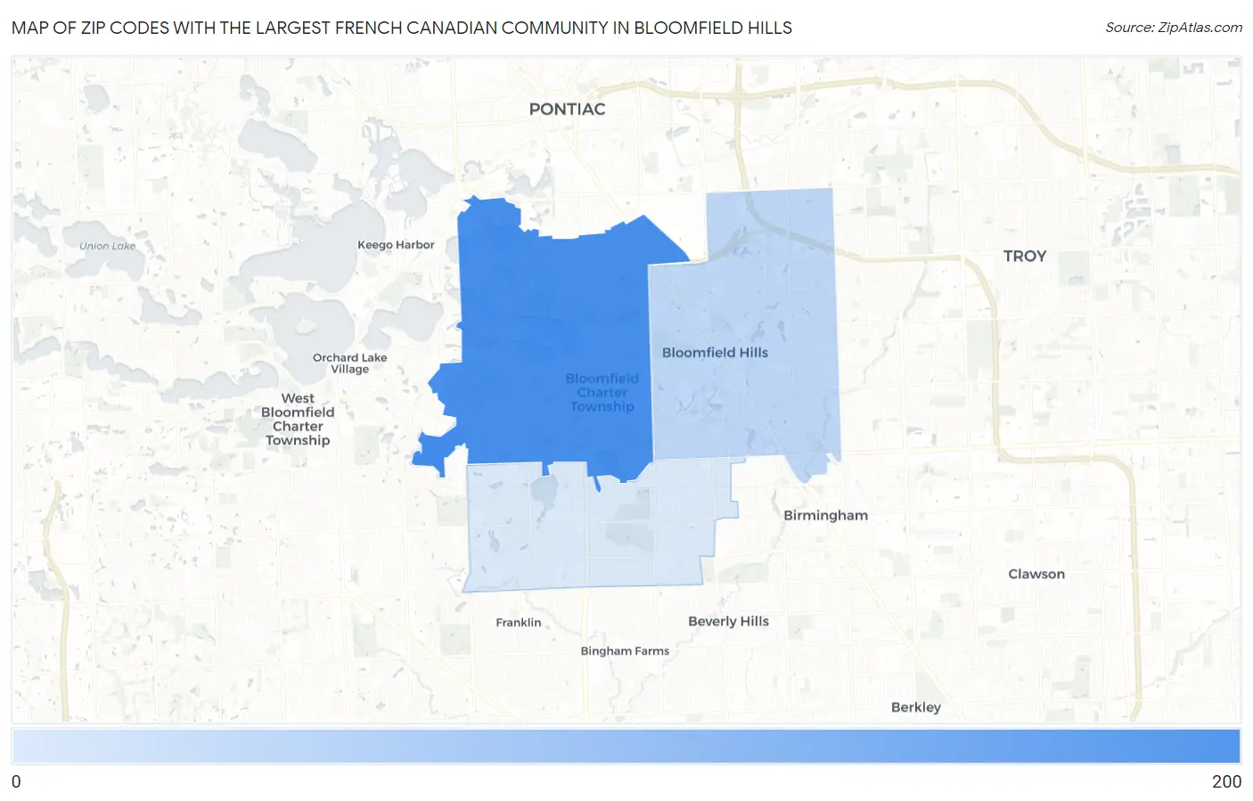 Zip Codes with the Largest French Canadian Community in Bloomfield Hills Map