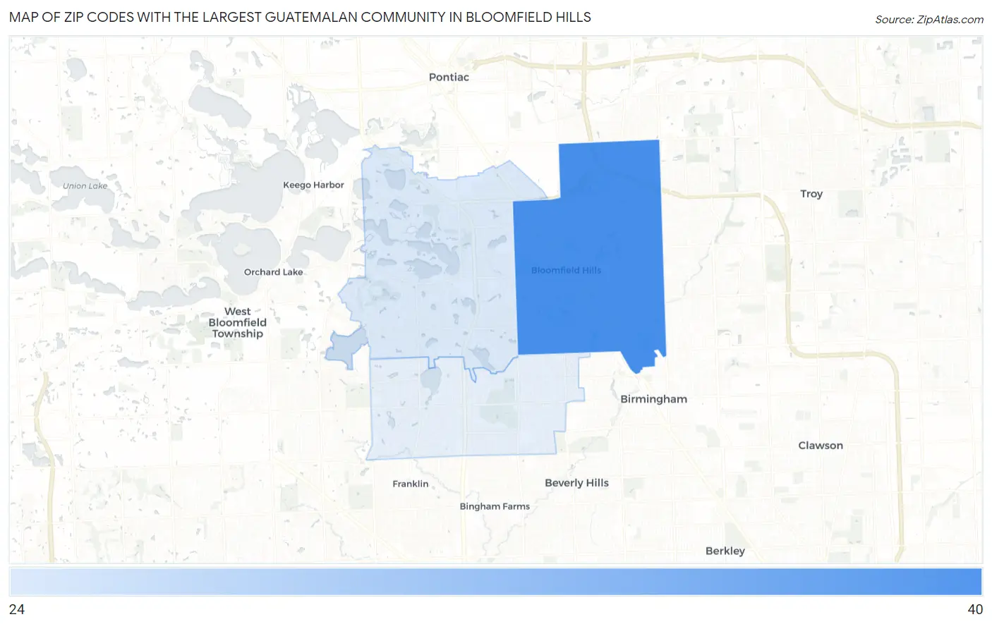 Zip Codes with the Largest Guatemalan Community in Bloomfield Hills Map