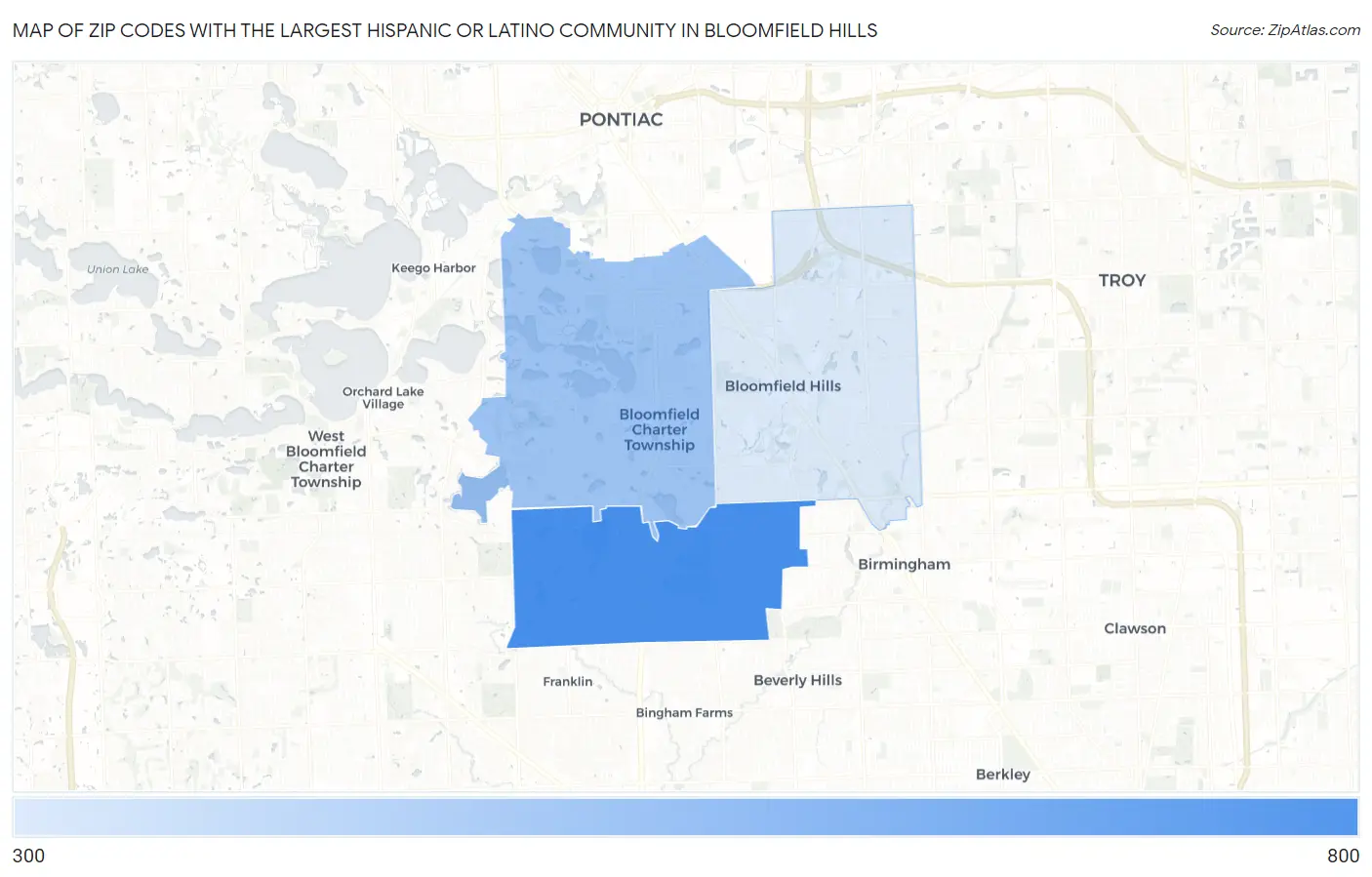 Zip Codes with the Largest Hispanic or Latino Community in Bloomfield Hills Map