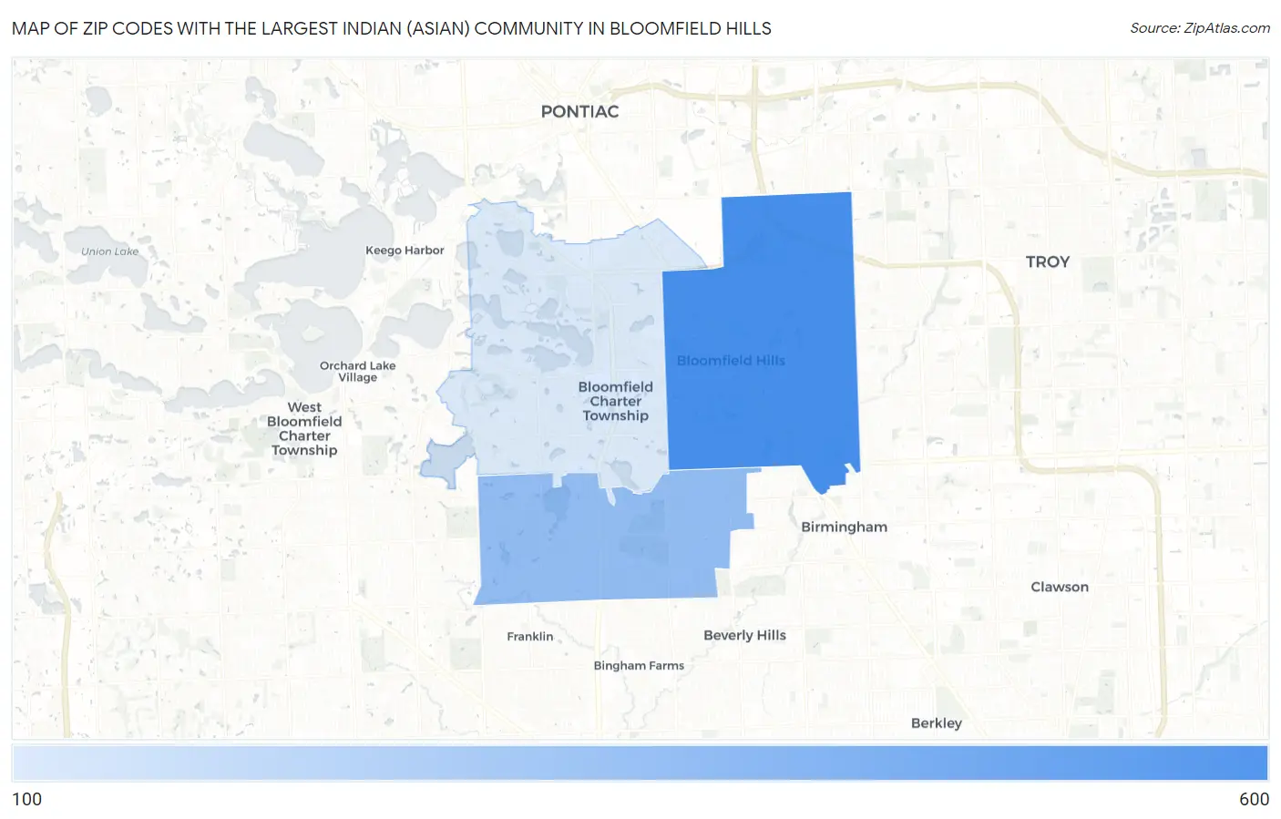 Zip Codes with the Largest Indian (Asian) Community in Bloomfield Hills Map