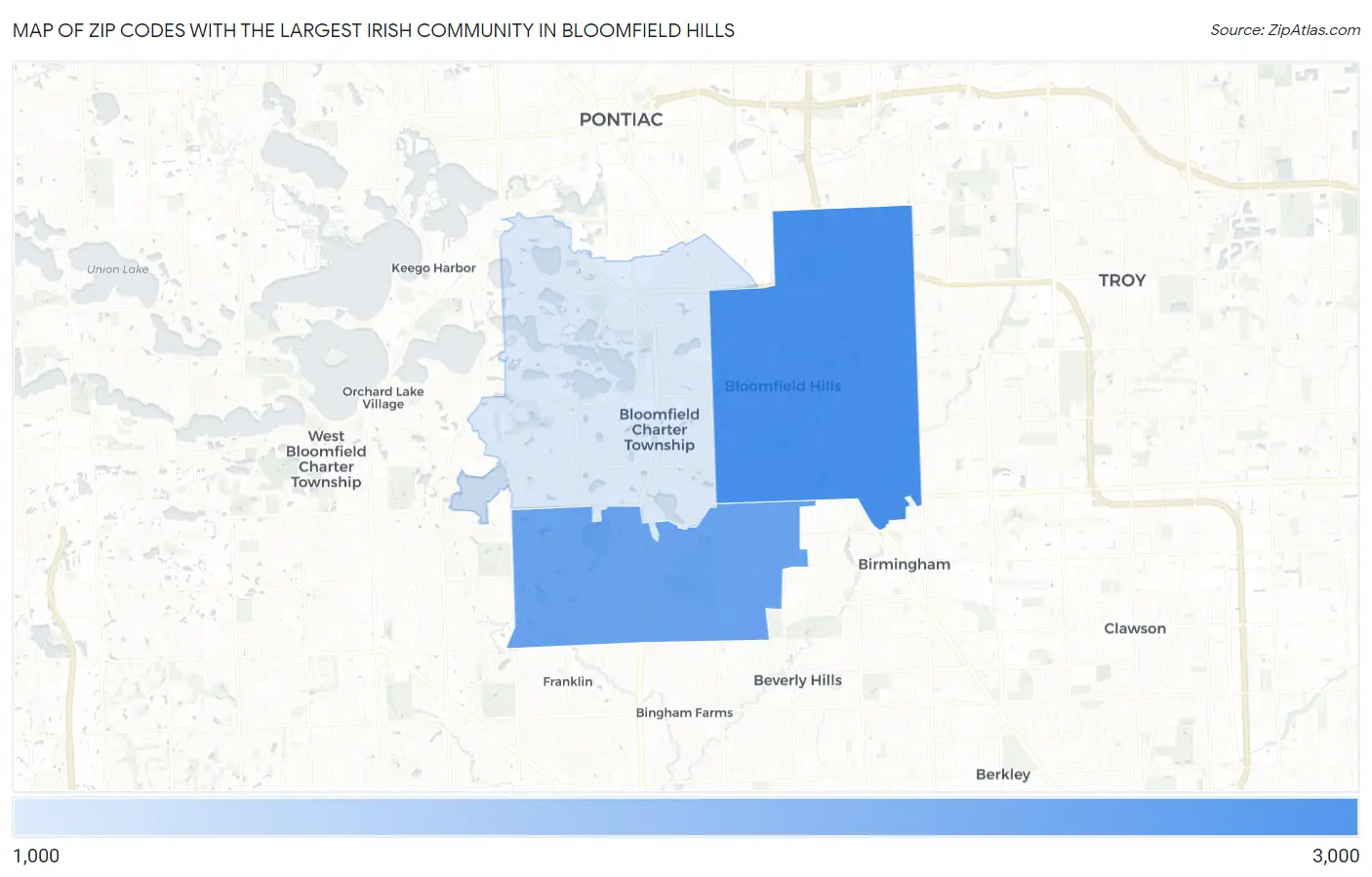 Zip Codes with the Largest Irish Community in Bloomfield Hills Map