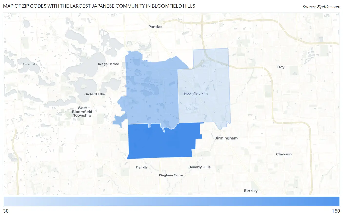Zip Codes with the Largest Japanese Community in Bloomfield Hills Map
