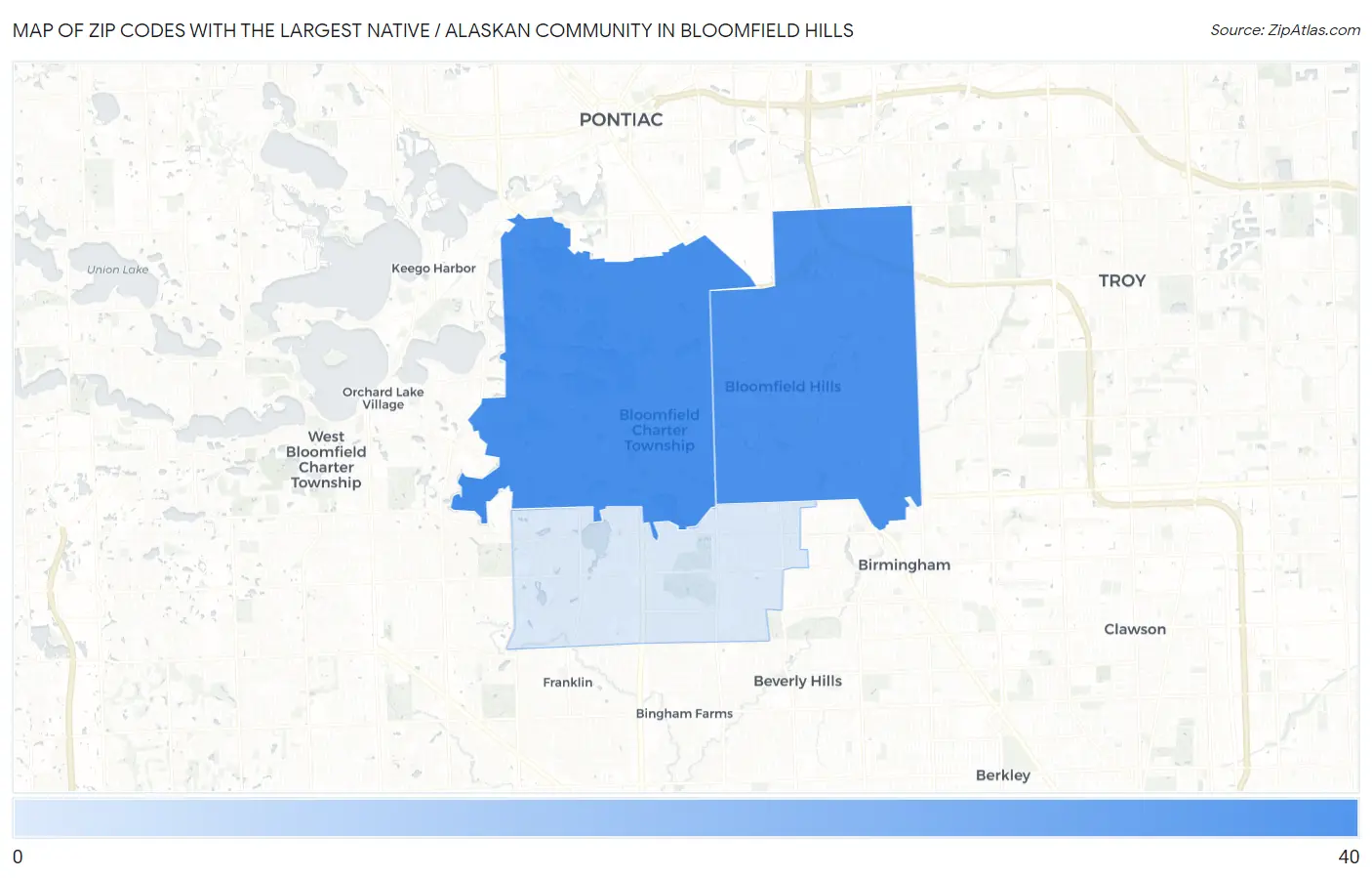 Zip Codes with the Largest Native / Alaskan Community in Bloomfield Hills Map