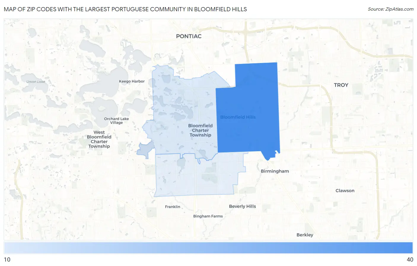 Zip Codes with the Largest Portuguese Community in Bloomfield Hills Map