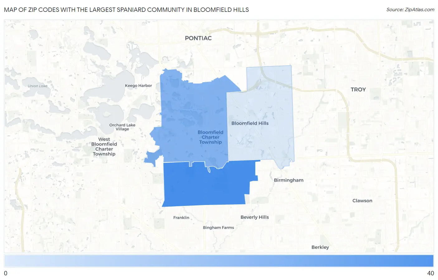 Zip Codes with the Largest Spaniard Community in Bloomfield Hills Map