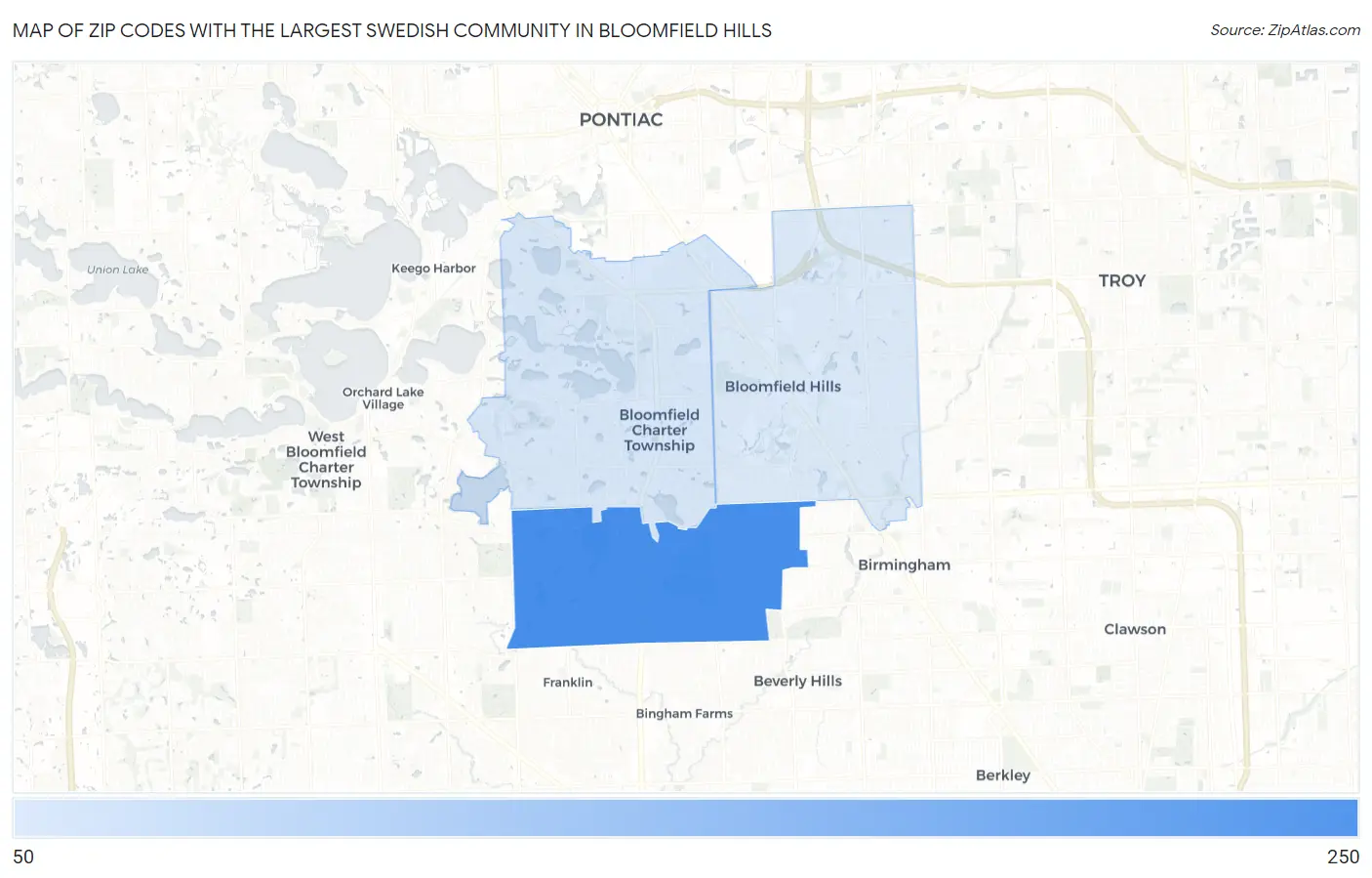Zip Codes with the Largest Swedish Community in Bloomfield Hills Map