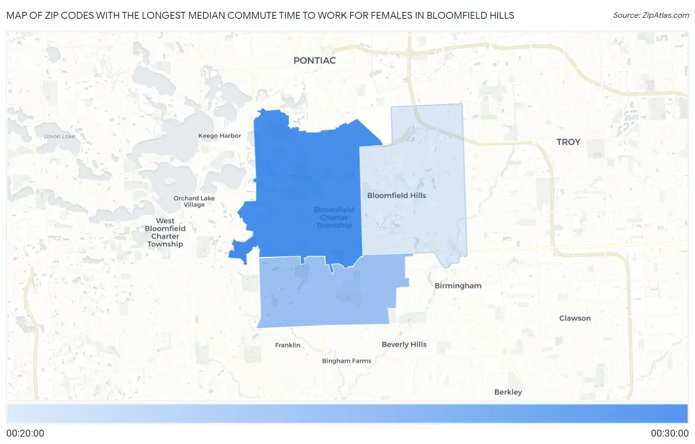 Zip Codes with the Longest Median Commute Time to Work for Females in Bloomfield Hills Map