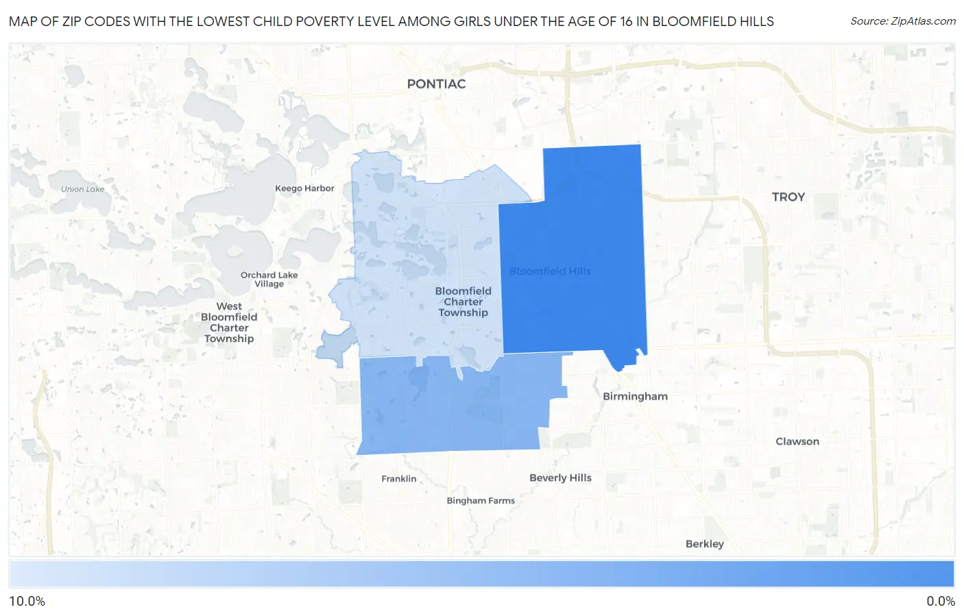 Zip Codes with the Lowest Child Poverty Level Among Girls Under the Age of 16 in Bloomfield Hills Map