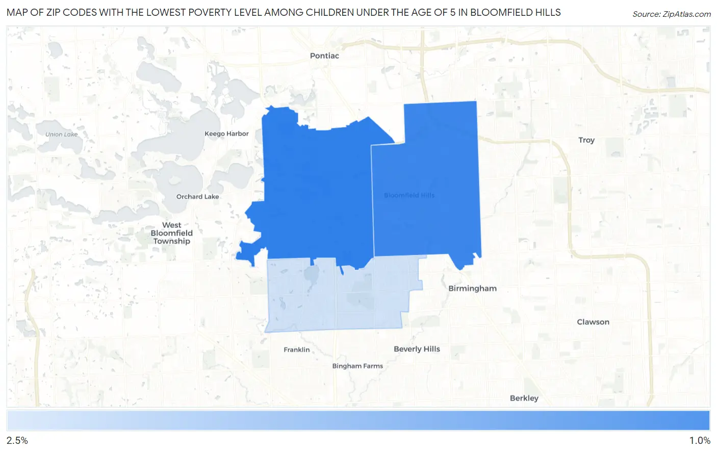 Zip Codes with the Lowest Poverty Level Among Children Under the Age of 5 in Bloomfield Hills Map