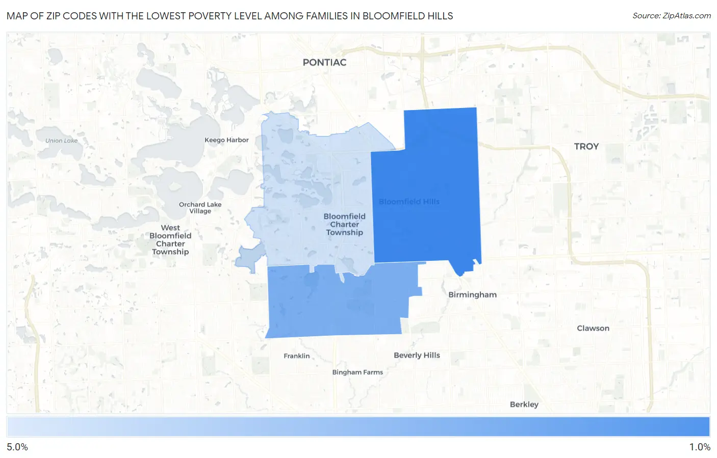 Zip Codes with the Lowest Poverty Level Among Families in Bloomfield Hills Map