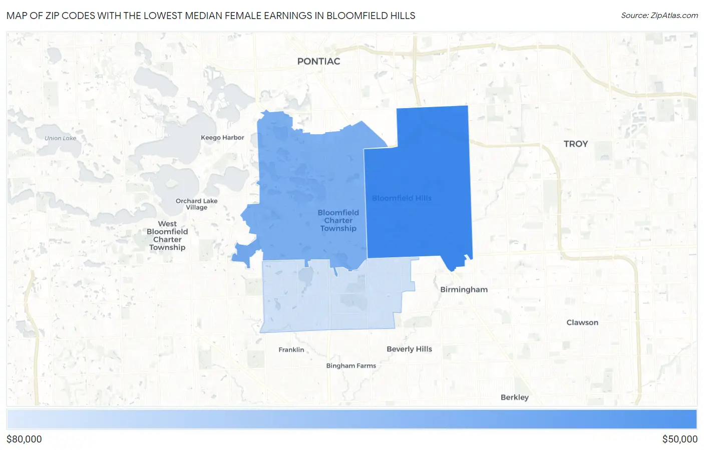 Zip Codes with the Lowest Median Female Earnings in Bloomfield Hills Map