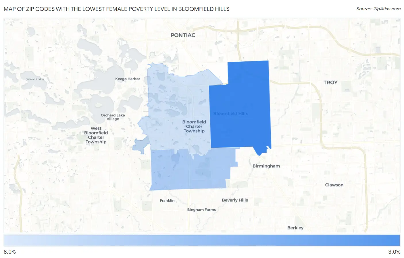 Zip Codes with the Lowest Female Poverty Level in Bloomfield Hills Map