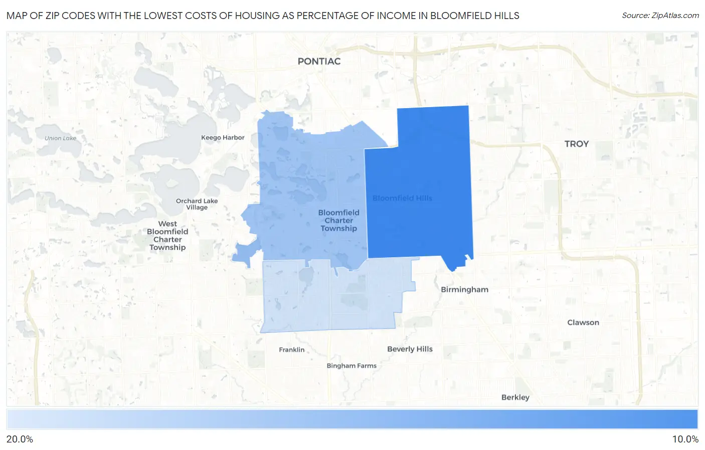 Zip Codes with the Lowest Costs of Housing as Percentage of Income in Bloomfield Hills Map