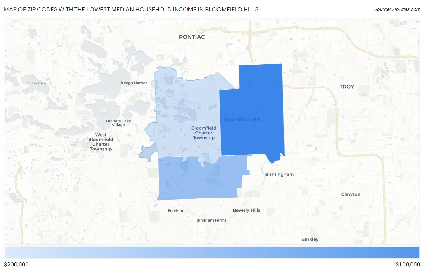 Zip Codes with the Lowest Median Household Income in Bloomfield Hills Map