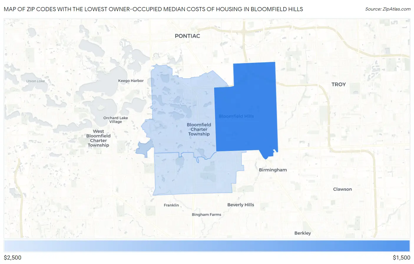Zip Codes with the Lowest Owner-Occupied Median Costs of Housing in Bloomfield Hills Map