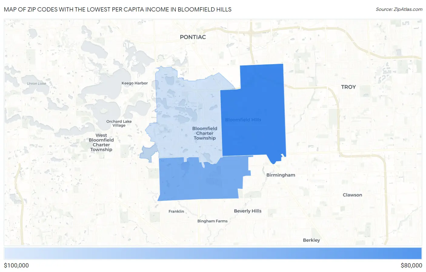 Zip Codes with the Lowest Per Capita Income in Bloomfield Hills Map