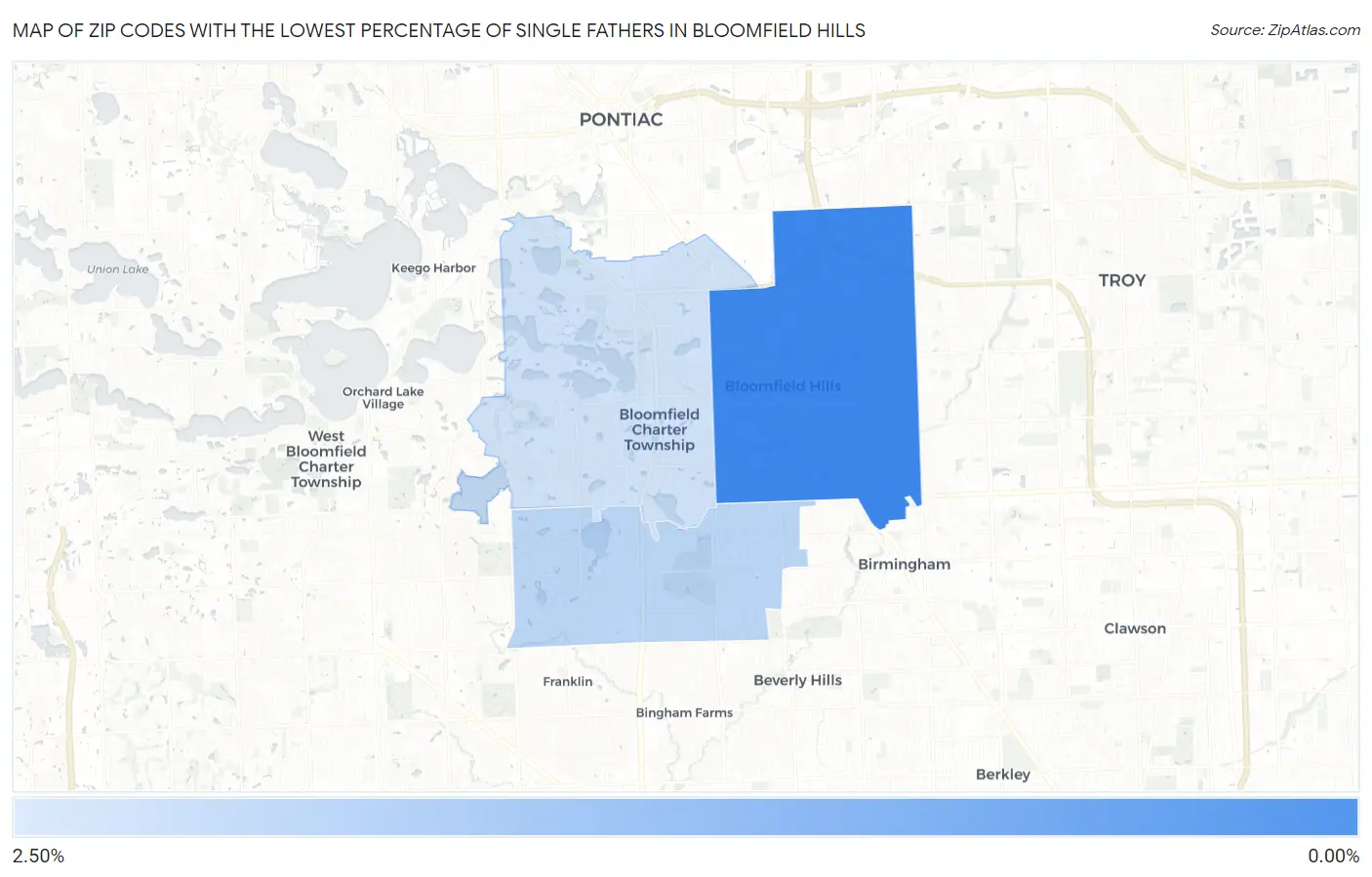 Zip Codes with the Lowest Percentage of Single Fathers in Bloomfield Hills Map