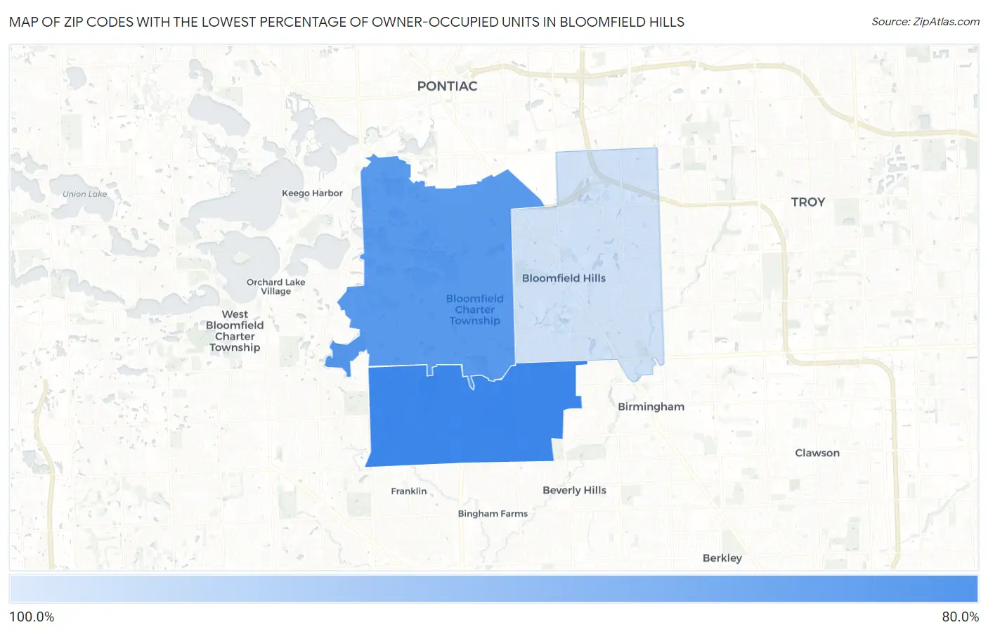 Zip Codes with the Lowest Percentage of Owner-Occupied Units in Bloomfield Hills Map