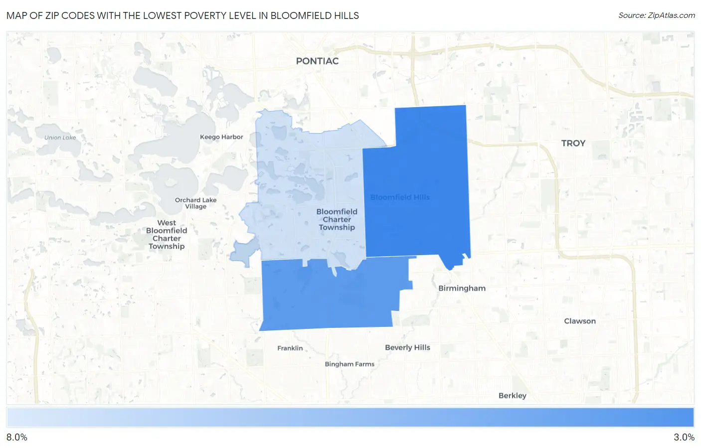 Zip Codes with the Lowest Poverty Level in Bloomfield Hills Map