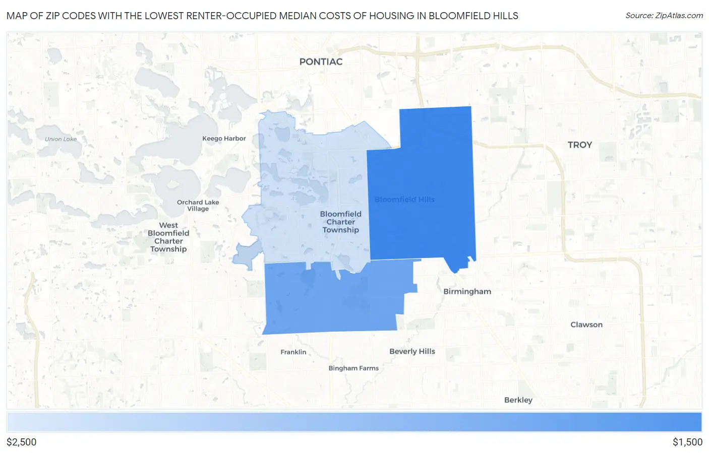 Zip Codes with the Lowest Renter-Occupied Median Costs of Housing in Bloomfield Hills Map