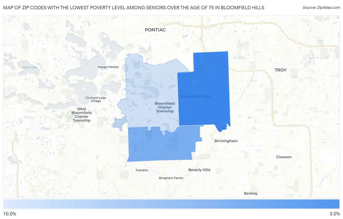 Zip Codes with the Lowest Poverty Level Among Seniors Over the Age of 75 in Bloomfield Hills Map