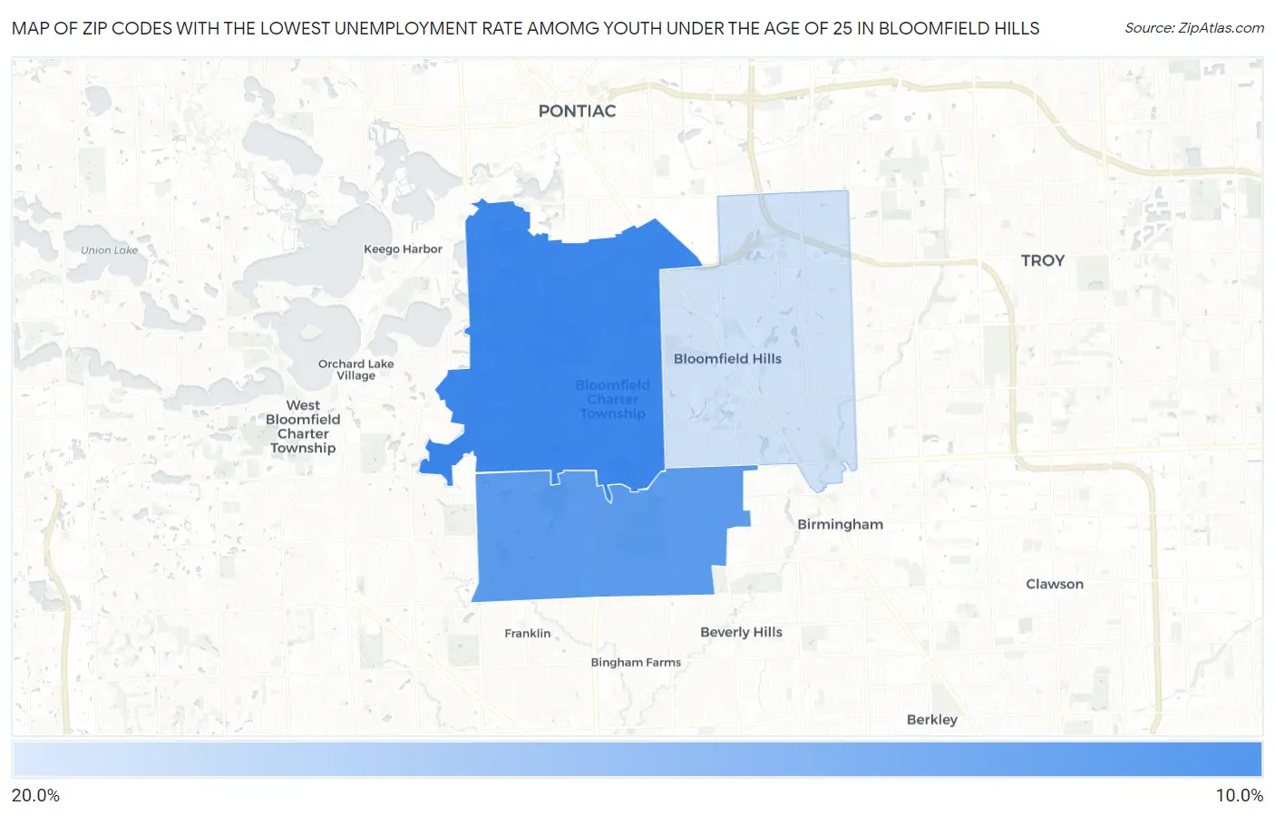 Zip Codes with the Lowest Unemployment Rate Amomg Youth Under the Age of 25 in Bloomfield Hills Map