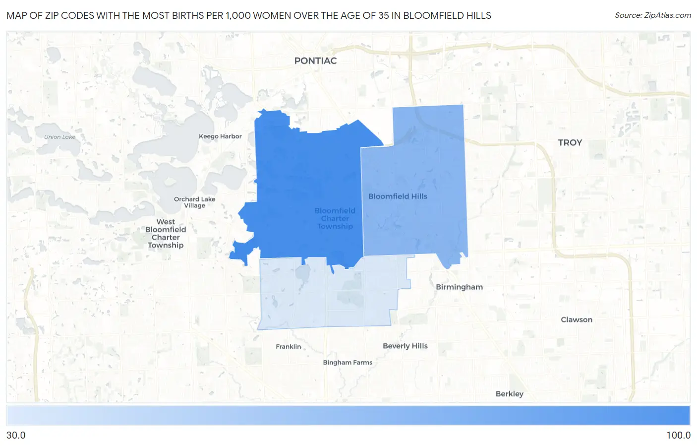 Zip Codes with the Most Births per 1,000 Women Over the Age of 35 in Bloomfield Hills Map