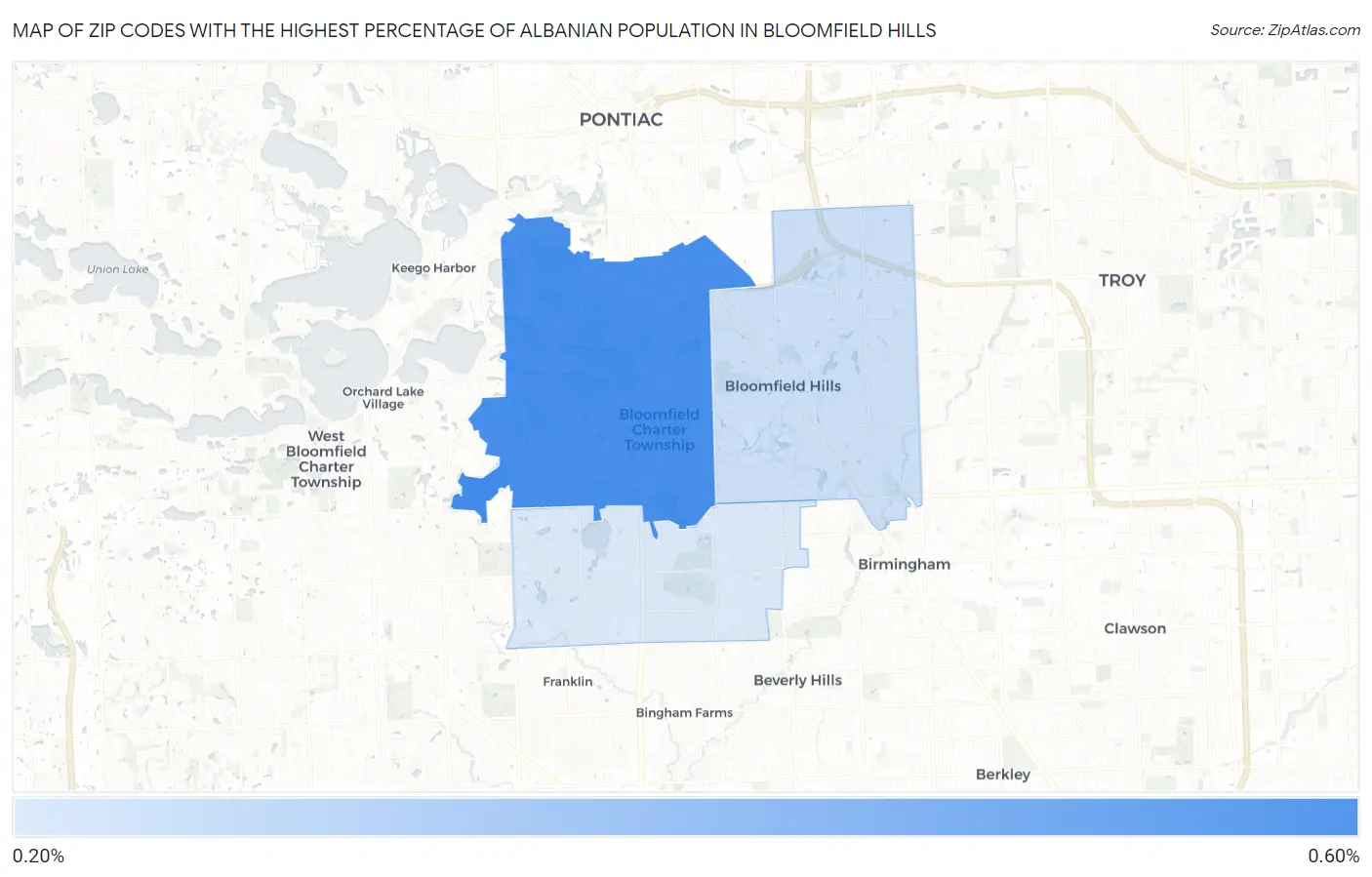Zip Codes with the Highest Percentage of Albanian Population in Bloomfield Hills Map