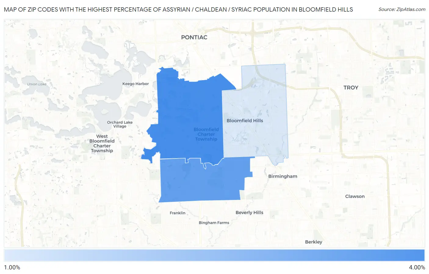 Zip Codes with the Highest Percentage of Assyrian / Chaldean / Syriac Population in Bloomfield Hills Map
