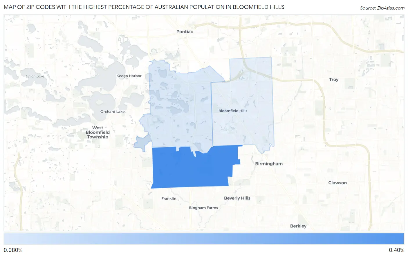 Zip Codes with the Highest Percentage of Australian Population in Bloomfield Hills Map