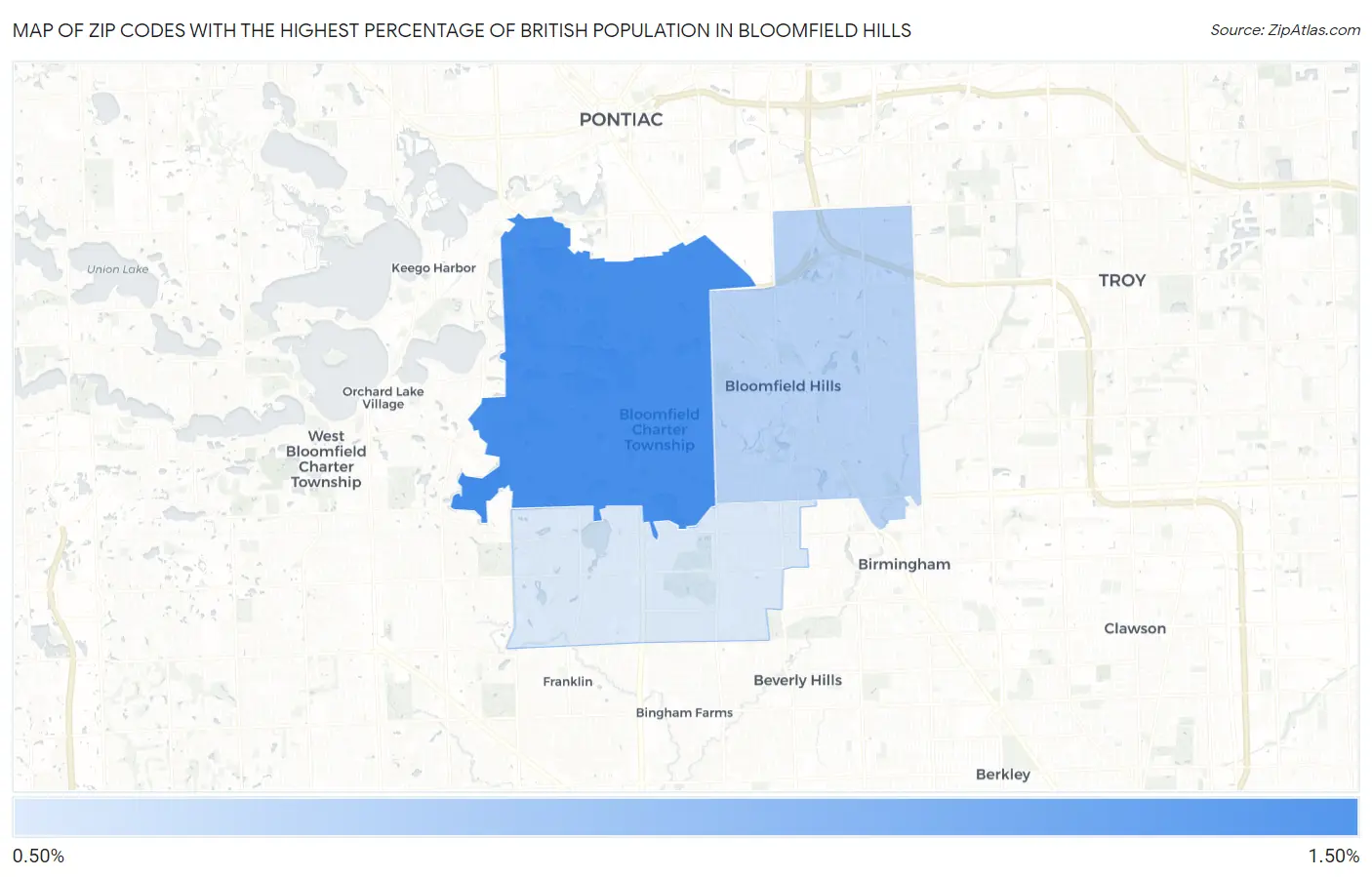Zip Codes with the Highest Percentage of British Population in Bloomfield Hills Map
