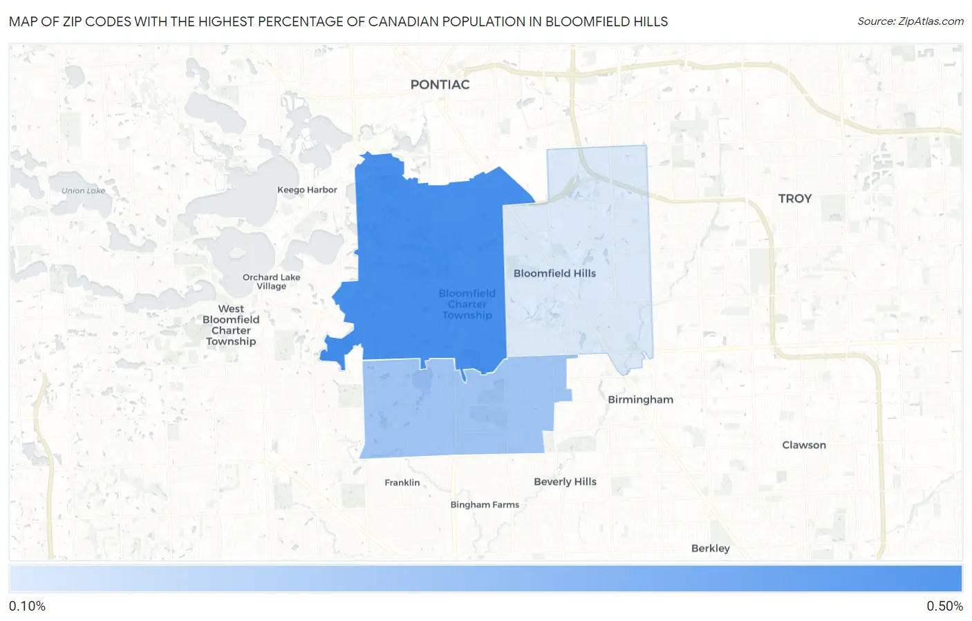 Zip Codes with the Highest Percentage of Canadian Population in Bloomfield Hills Map