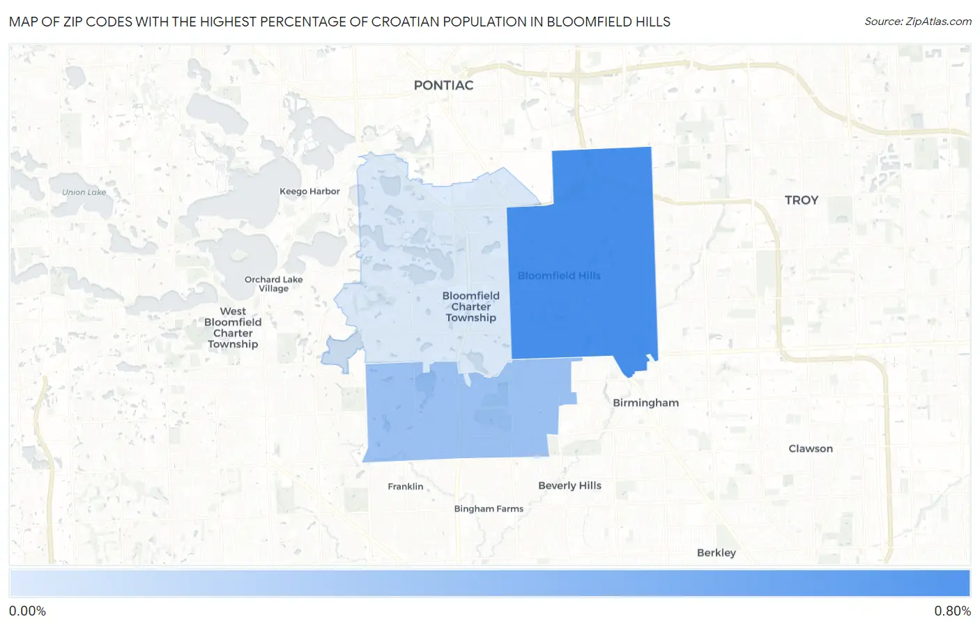 Zip Codes with the Highest Percentage of Croatian Population in Bloomfield Hills Map
