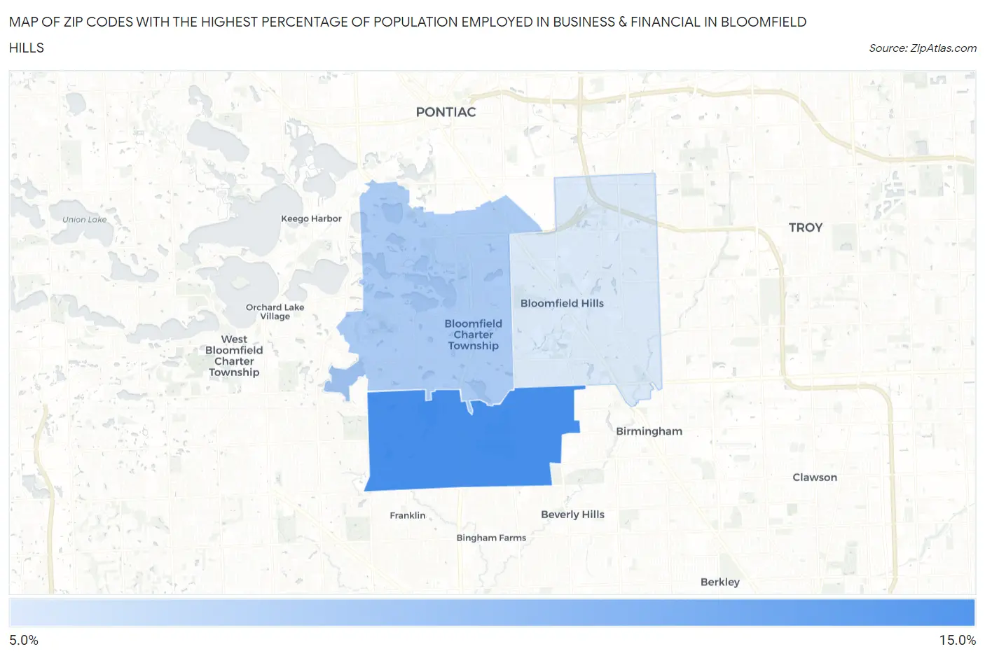 Zip Codes with the Highest Percentage of Population Employed in Business & Financial in Bloomfield Hills Map