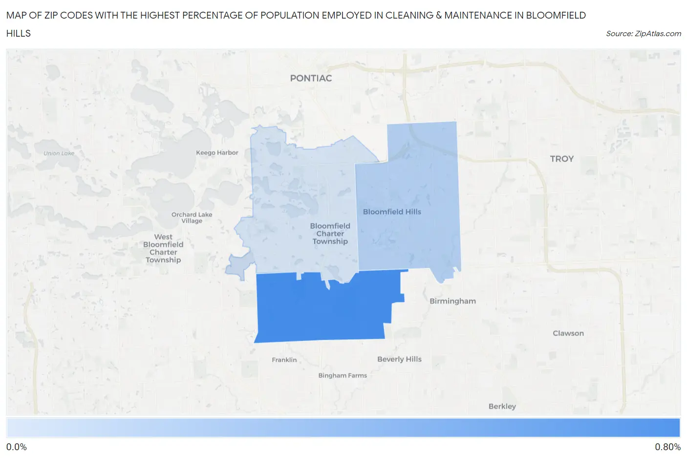 Zip Codes with the Highest Percentage of Population Employed in Cleaning & Maintenance in Bloomfield Hills Map
