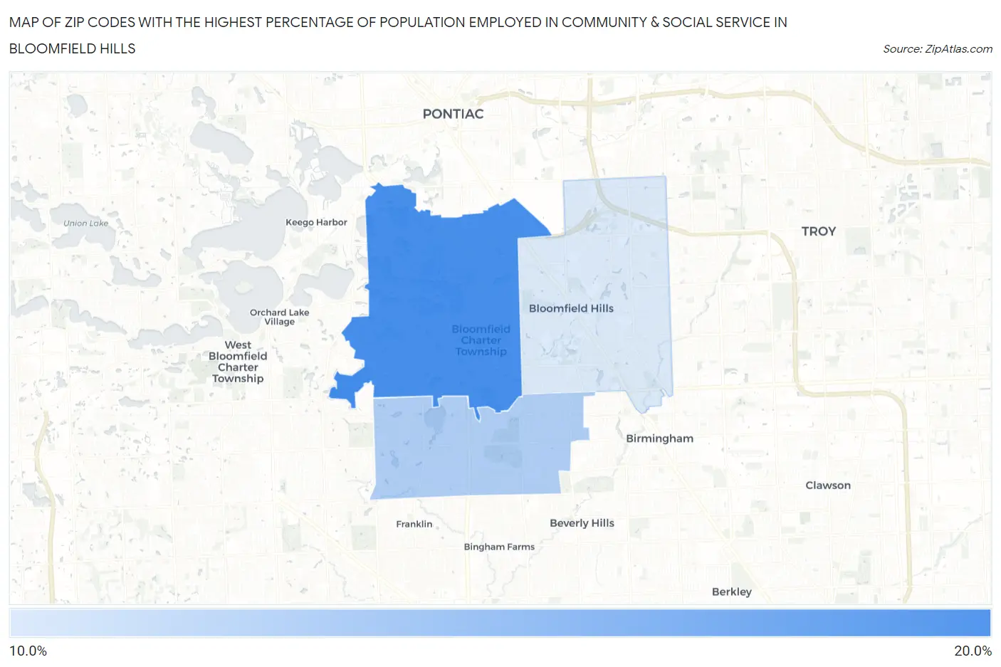 Zip Codes with the Highest Percentage of Population Employed in Community & Social Service  in Bloomfield Hills Map