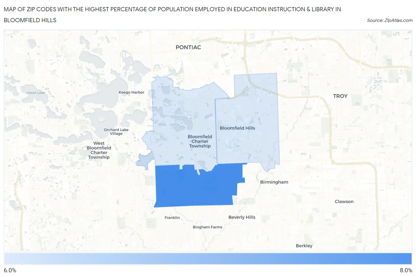 Zip Codes with the Highest Percentage of Population Employed in Education Instruction & Library in Bloomfield Hills Map