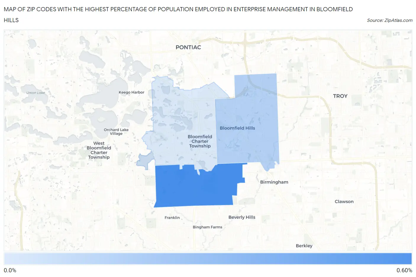 Zip Codes with the Highest Percentage of Population Employed in Enterprise Management in Bloomfield Hills Map