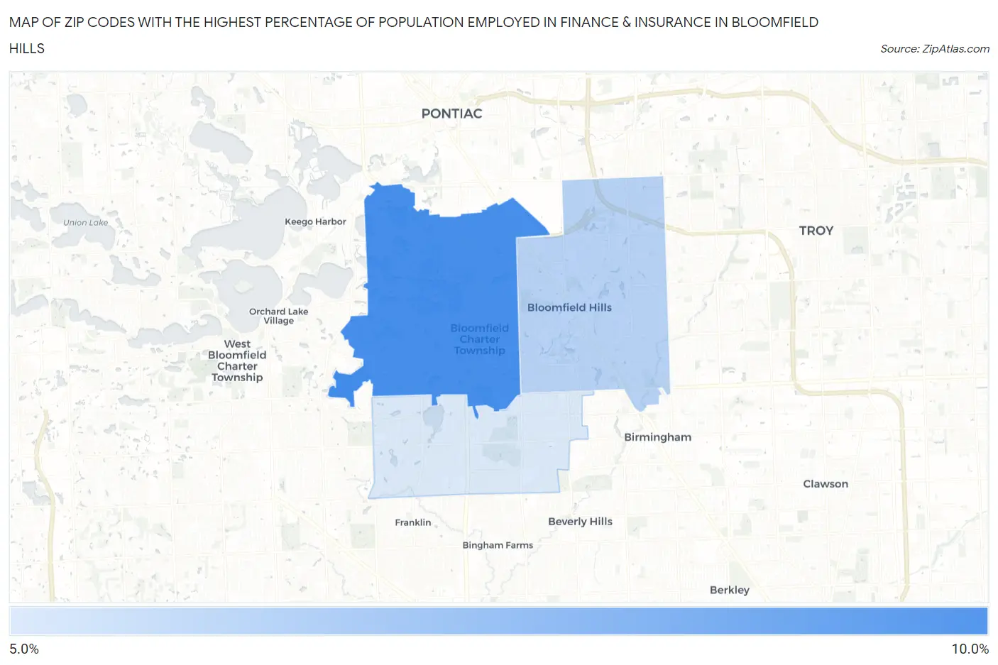 Zip Codes with the Highest Percentage of Population Employed in Finance & Insurance in Bloomfield Hills Map