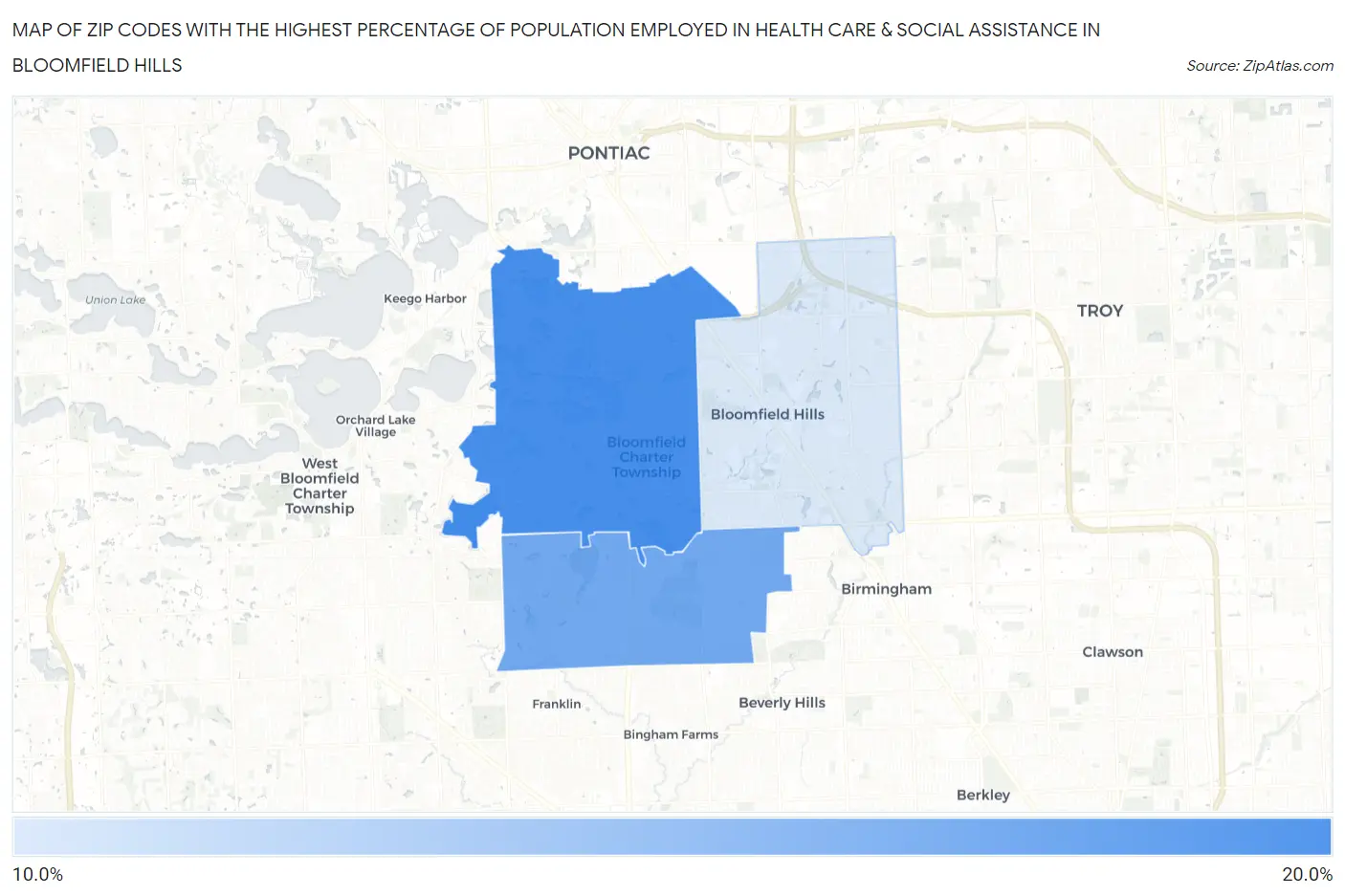 Zip Codes with the Highest Percentage of Population Employed in Health Care & Social Assistance in Bloomfield Hills Map