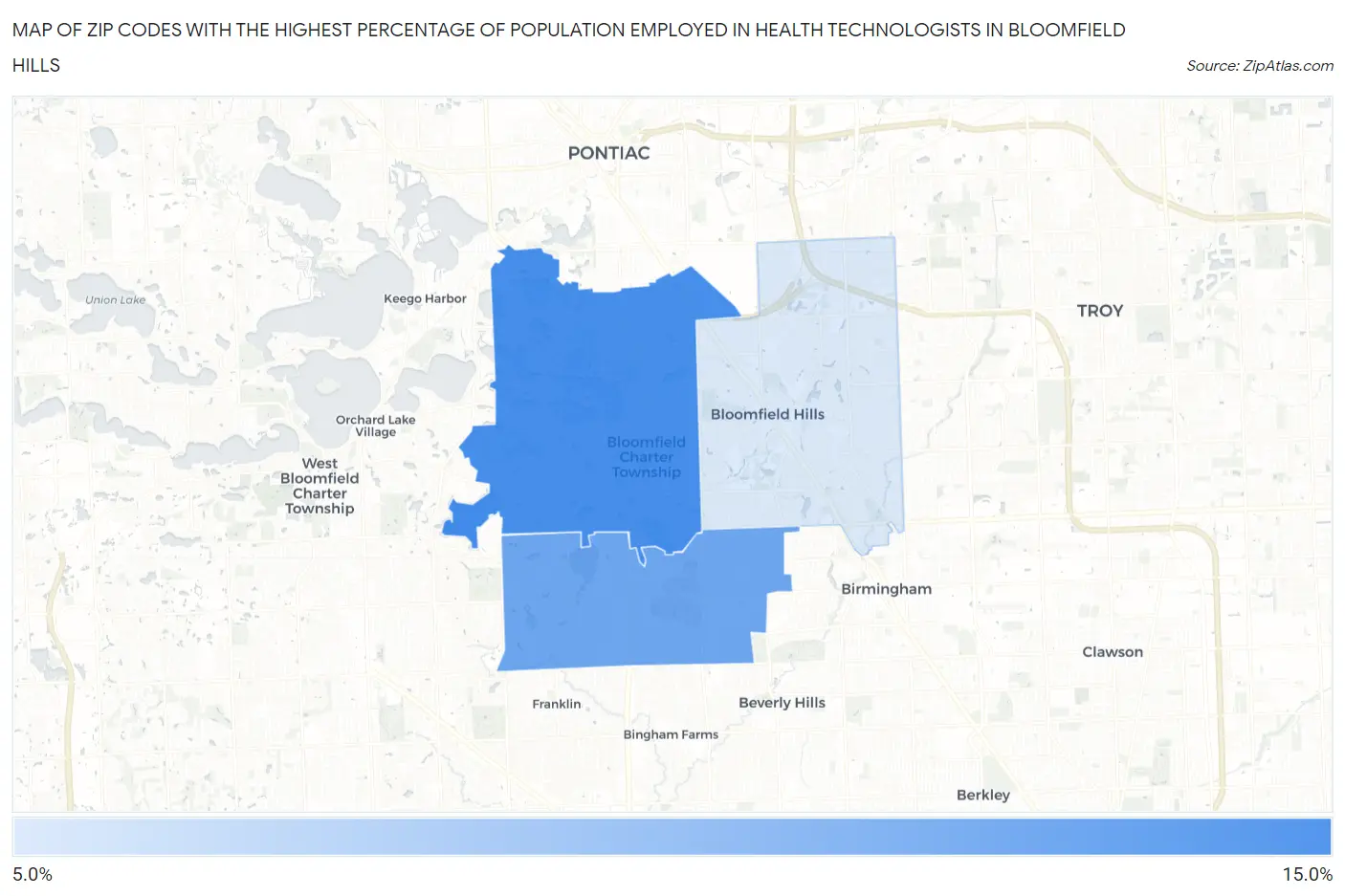 Zip Codes with the Highest Percentage of Population Employed in Health Technologists in Bloomfield Hills Map