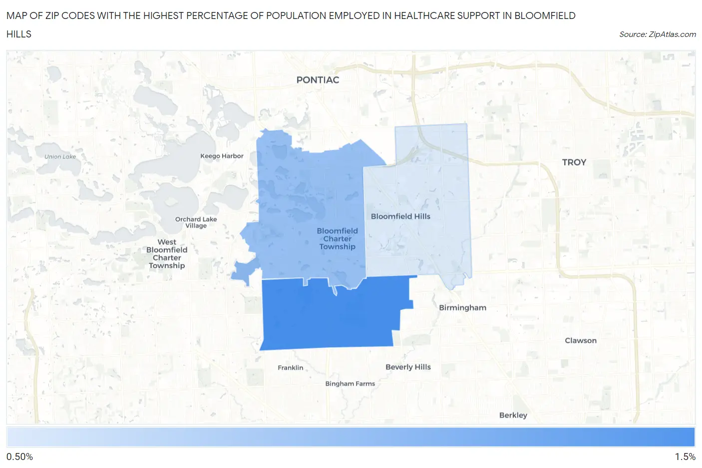 Zip Codes with the Highest Percentage of Population Employed in Healthcare Support in Bloomfield Hills Map