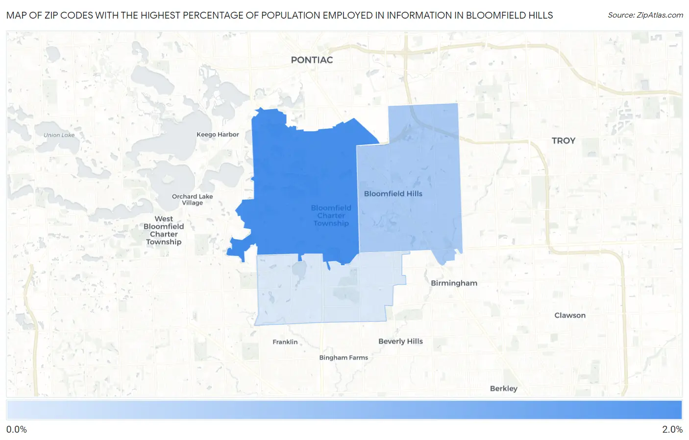 Zip Codes with the Highest Percentage of Population Employed in Information in Bloomfield Hills Map
