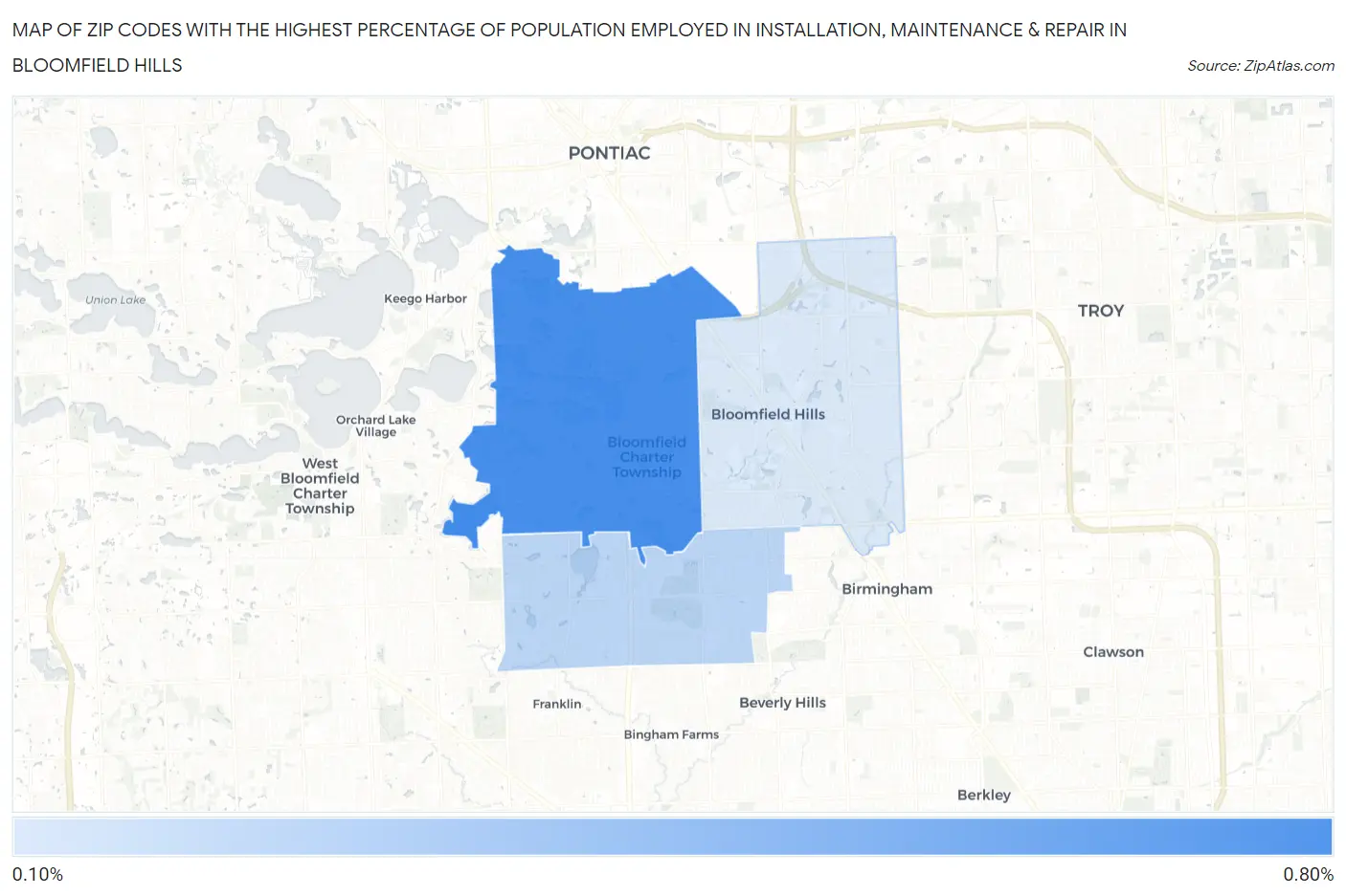 Zip Codes with the Highest Percentage of Population Employed in Installation, Maintenance & Repair in Bloomfield Hills Map