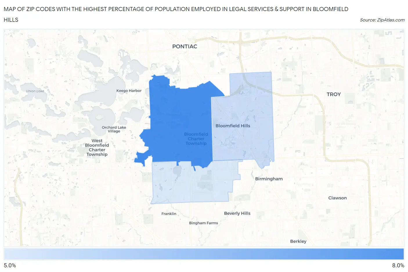 Zip Codes with the Highest Percentage of Population Employed in Legal Services & Support in Bloomfield Hills Map