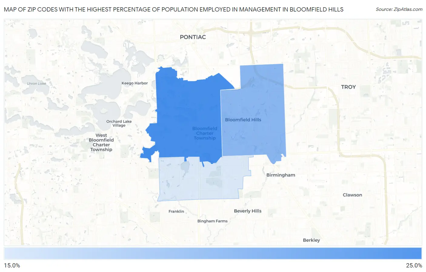 Zip Codes with the Highest Percentage of Population Employed in Management in Bloomfield Hills Map