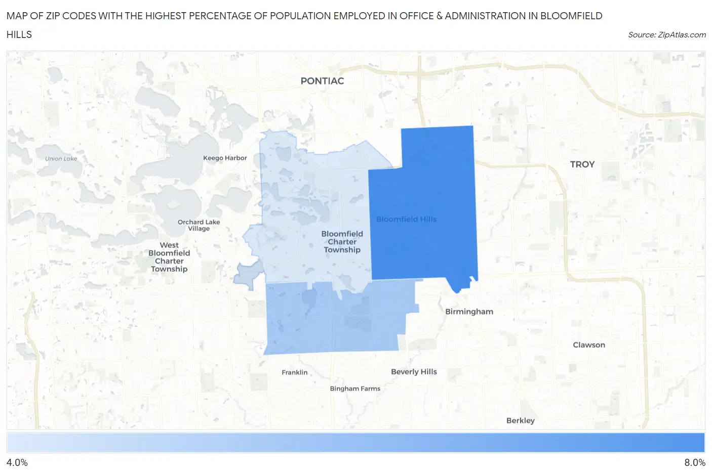 Zip Codes with the Highest Percentage of Population Employed in Office & Administration in Bloomfield Hills Map